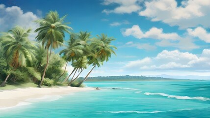 Fototapeta premium Turquoise Waters in a Tropical Paradise: A bright and clear day with turquoise sea waters gently washing over white sand, surrounded by lush green palm trees.