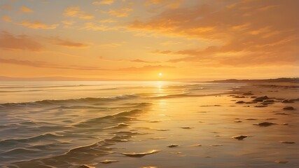 Golden Sunset Over a Calm Sea: Capture the sea at sunset with the sky painted in golden hues, reflecting on the calm water with gentle waves lapping at the shore.

