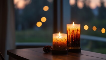 a huge window overlooking the evening and lit candles on the table