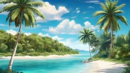 Fototapeta premium Turquoise Waters in a Tropical Paradise: A bright and clear day with turquoise sea waters gently washing over white sand, surrounded by lush green palm trees.