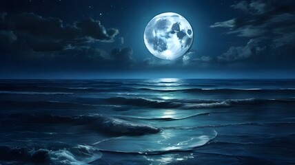 Midnight Blue Ocean with Full Moon Reflection