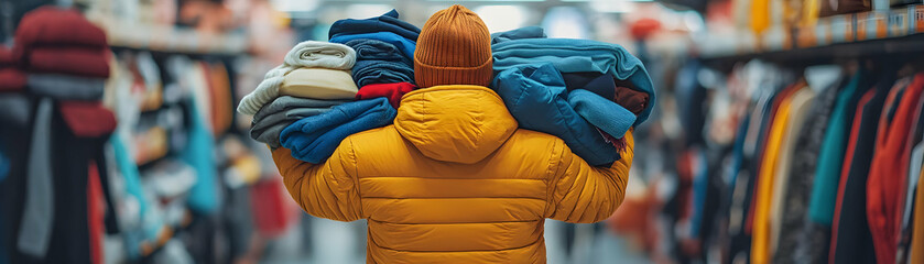 Shopper With Arms Full of Clothes concept as Candid shot of a shopper holding a large pile of clothes in their arms while navigating through a store during Black Friday capturing the intense and busy 