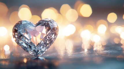 Fototapeta premium Diamond Heart Sparkle: A crystalline heart-shaped diamond gleams in soft, warm light, surrounded by a bokeh of golden lights, creating a luxurious and romantic atmosphere.