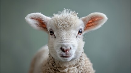 Fototapeta premium A fluffy white lamb with pink ears and brown eyes looks directly at the camera against a muted green background.