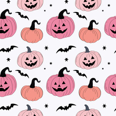 Cartoon repeating Halloween background with pink pumpkin lantern and bats. Hand drawn vector Seamless pattern for autumn holiday, autumnal decorative ornament for banner, flyer, paper, print, wrapping