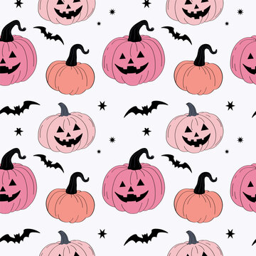 Cartoon repeating Halloween background with pink pumpkin lantern and bats. Hand drawn vector Seamless pattern for autumn holiday, autumnal decorative ornament for banner, flyer, paper, print, wrapping