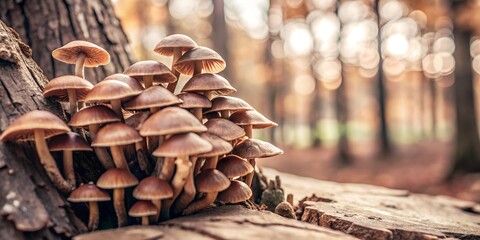 Cluster of mushrooms growing on a tree trunk in a forest during autumn. The warm, earthy tones and...