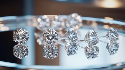 Sparkling Diamond Earrings: A collection of exquisite diamond earrings gleam on a polished silver tray, their facets catching the light and casting a mesmerizing sparkle.  