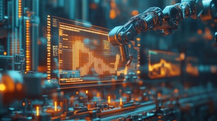 AI Technology for Industrial Applications: Overlay with Improvement Graph Illustrating Enhanced Productivity. Visual Representation of Advanced AI Integration in Industry with Data-Driven Growth and E