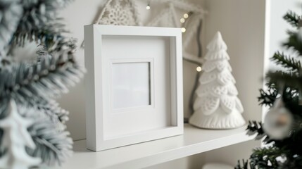 White picture frame on a shelf,  winter decor