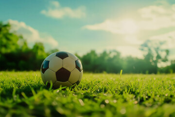 soccer ball on green grass in park setting with sunshine on Summer day, copy space