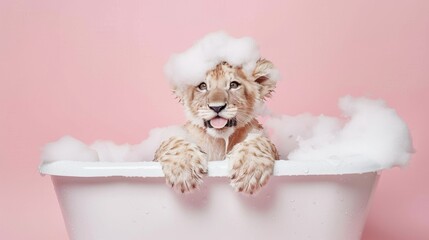 A cute lion sits in a bathtub with plenty of foam on his head
