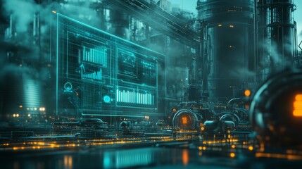 AI Technology for Industrial Applications: Overlay with Improvement Graph Illustrating Enhanced Productivity. Visual Representation of Advanced AI Integration in Industry with Data-Driven Growth and E