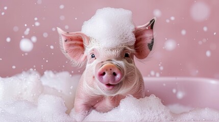 A cute pig sits in a bathtub with plenty of foam on his head