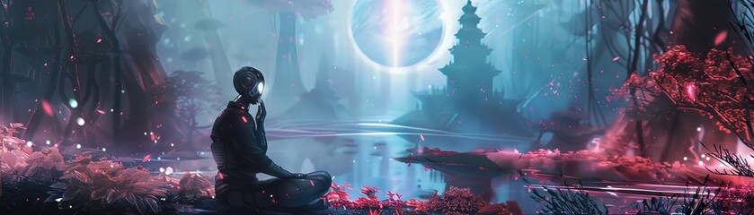 Obraz premium A serene landscape featuring a meditative figure in a mystical, bioluminescent forest under a glowing moon.