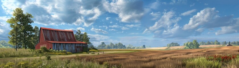 Obraz premium A serene landscape featuring a rustic barn surrounded by lush fields and a vivid blue sky, perfect for countryside themes.