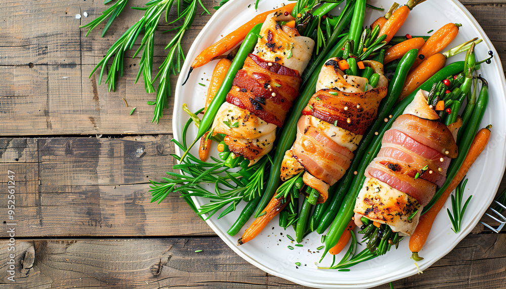 Canvas Prints Delicious chicken rolls stuffed with green beans and carrots wrapped in strips of bacon