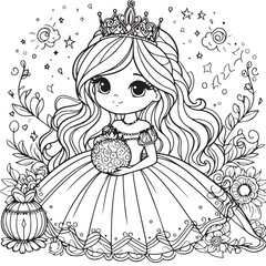 Black and white vector illustration of children's activity coloring book pages with pictures of Character princess