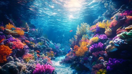 Naklejka premium Colorful underwater world filled with mermaids coral gardens and sunlight filtering through the water Vivid fantastical with vibrant colors fluid shapes realistic 3D marine life
