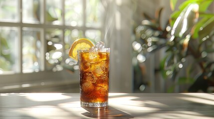 Cocktail on white wooden table, high key light throwing the window