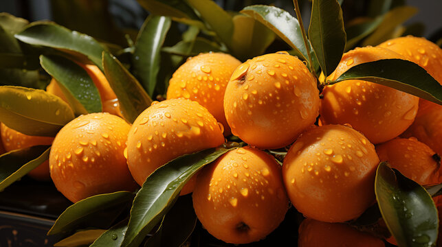 Gros plan sur des n&egrave;fles, loquats avec de la condensation et de l'eau. Branches et fleurs. Nourriture, fruits. Sain, bon, d&eacute;licieux. Pour conception et cr&eacute;ation graphique. 