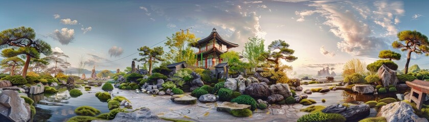 Fototapeta premium A serene panoramic landscape of a tranquil garden showcasing nature, water, and traditional architecture at sunset.