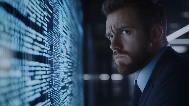 Concerned Government Official in a Suit Viewing Computer Screen with Cybersecurity Alerts and Code, Symbolizing Government Hacking and Cyber Threats"