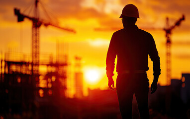 Silhouette of a construction worker at sunset, symbolizing hard work, dedication, and the industrial landscape of building.