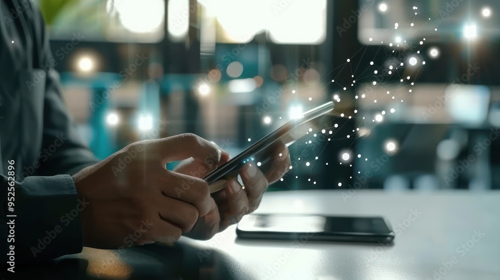 Poster Man using phone with digital network connection
