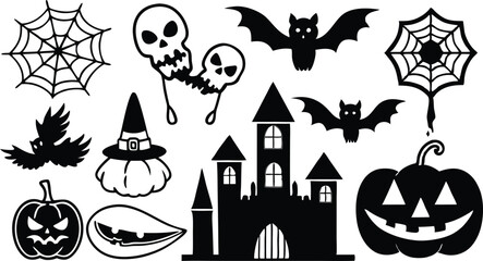 Obraz premium Silhouettes for the Halloween Vector illustration. Ghost, Pumpkin head with baseball bat, Cat with knife. Halloween concept. white background