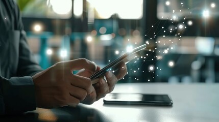 Man using phone with digital network connection