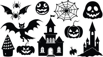 Silhouettes for the Halloween Vector illustration. Ghost, Pumpkin head with baseball bat, Cat with knife. Halloween concept. white background