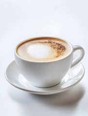 Steaming Cappuccino in White Cup on Minimal White Background