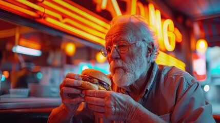 A person eating a fast food in establishment decorated with neon lights