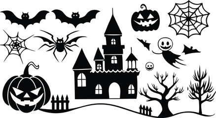 Silhouettes for the Halloween Vector illustration. Ghost, Pumpkin head with baseball bat, Cat with knife. Halloween concept. white background