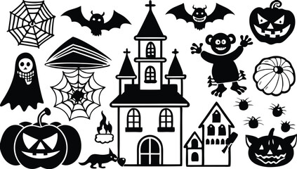 Obraz premium Silhouettes for the Halloween Vector illustration. Ghost, Pumpkin head with baseball bat, Cat with knife. Halloween concept. white background