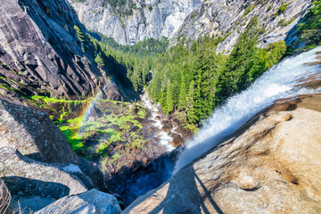 Vernal Falls, Yosemite National Park, the Misty Trail is a slippery, one-mile trail that winds through the spray of the falls.