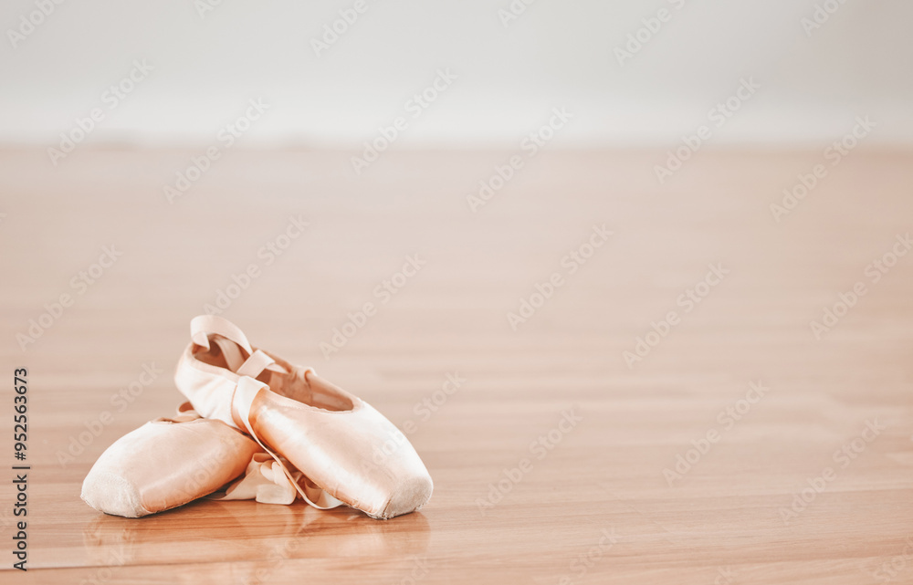 Canvas Prints Dance, footwear and ballet with slippers on floor for performance art, costume and practice in studio. Creative, academy and pointe shoes on ground for lesson, rehearsal and theater production