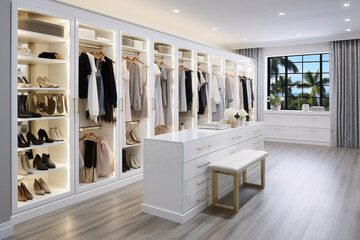 Modern Walk-In Closet Design with White Cabinets and Gold Hardware