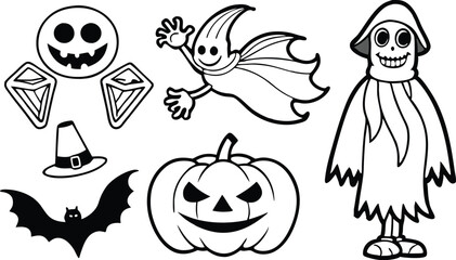 Silhouettes for the Halloween Vector illustration. Ghost, Pumpkin head with baseball bat, Cat with knife. Halloween concept. white background