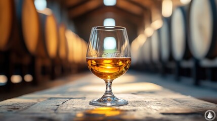 Distillery Barrel Room with Whiskey Glass