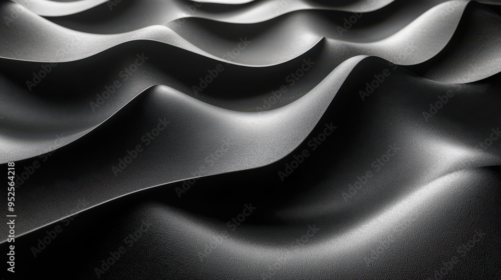 Poster 3d render of a modern abstract black background with a folded ribbon or fallen paper scroll