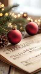 Christmas music sheets with festive decorations, cozy environment, 3D illustration