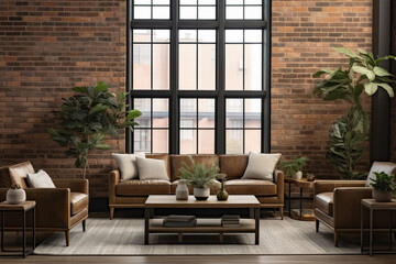 Modern Living Room with Leather Sofa and Brick Wall