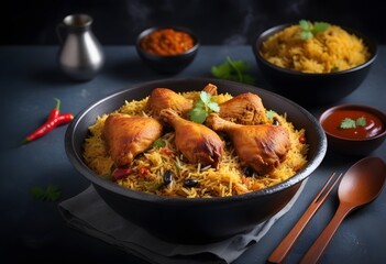 Top view of a beautifully arranged plate of Biryani