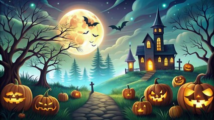 Fototapeta premium Dark, eerie Halloween scene with a full moon casting shadows over a haunted house, twisted trees, and flying bats, set against a nighttime sky