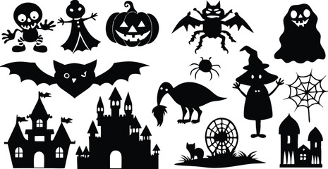 Fototapeta premium Silhouettes for the Halloween Vector illustration. Ghost, Pumpkin head with baseball bat, Cat with knife. Halloween concept. white background