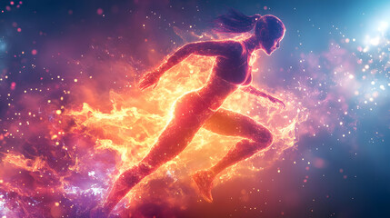 Fototapeta premium 3D Glowing Abstract Plus Size Model in Fashion Pose concept as A vibrant glowing abstract digital art banner featuring a plus size model in a striking fashion pose. The design highlights the curves an