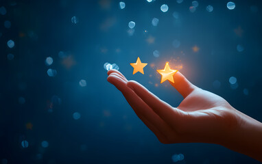 Customer hand review feedback five star rating service or product quality positive ranking background of best evaluation user experience success business rate and finger point satisfaction 5 score.