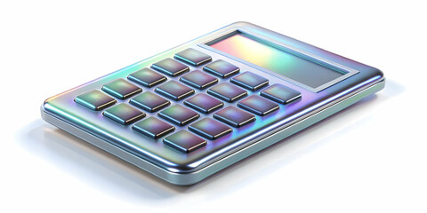 3D Holographic calculator with Labh Pancham symbol and copy space concept as A floating holographic calculator displaying the Labh Pancham symbol on its glossy surface isolated against a white backgro